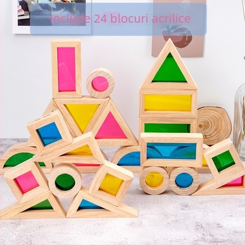 Blocuri de construcție din lemn cu lemn de cauciuc și piese curcubeu acrilice, personalizare logo, pentru copii 4–6 ani, 0–38 piese, 0,95 kg