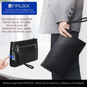 Geantă clutch din piele naturală pentru bărbați, cu capacitate mare și încuietoare cu amprentă - anti-furt, piele din primul strat, stil business