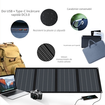 Panou solar pliabil pentru exterior, 40W, încărcare rapidă USB, ieșire 5V