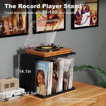 Raft de depozitare pentru viniluri din lemn, montaj pe perete cu ventuză, 1 etaj, pentru living, stil simplu și modern