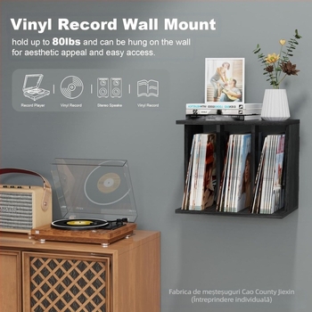 Raft de depozitare pentru viniluri din lemn, montaj pe perete cu ventuză, 1 etaj, pentru living, stil simplu și modern