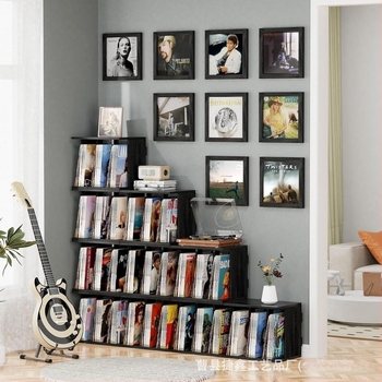 Raft de depozitare pentru viniluri din lemn, montaj pe perete cu ventuză, 1 etaj, pentru living, stil simplu și modern