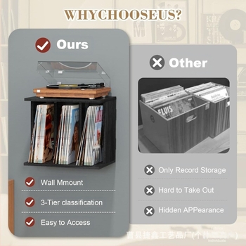 Raft de depozitare pentru viniluri din lemn, montaj pe perete cu ventuză, 1 etaj, pentru living, stil simplu și modern