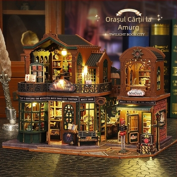 Model arhitectural din lemn DIY – Orașul Cărților la Amurg, asamblabil, personalizabil după desene