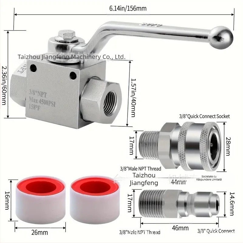 Set supapă cu bilă pentru curățător cu presiune înaltă, robinet din oțel inoxidabil, cuplaj rapid 1/4, acționare manuală, 4500 psi