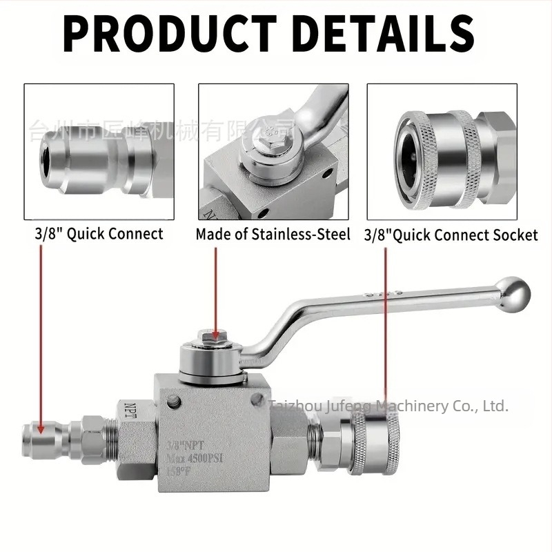 Set supapă cu bilă pentru curățător cu presiune înaltă, robinet din oțel inoxidabil, cuplaj rapid 1/4, acționare manuală, 4500 psi