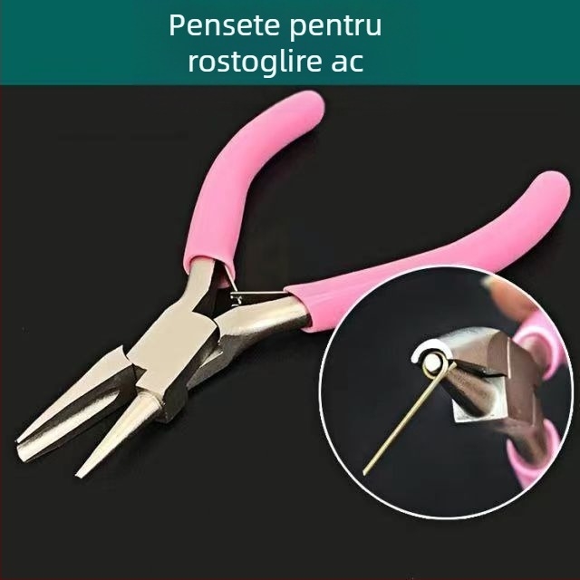 Clește pentru bucle din sârmă pentru bijuterii, cu fălci curbate, gură ascuțită și canelură pe jumătate