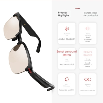 GS200 ochelari inteligenți Bluetooth cu sunet direcțional — control tactil, baterie 150 mAh, material PC+ABS, rază fără fir 5–10 m, funcții: apeluri și muzică