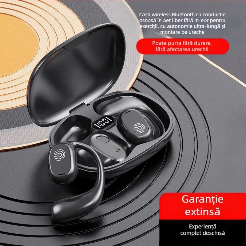 Căști wireless cu conductie osoasă – deschise pentru urechi, design atârnat, Bluetooth 5.3, rază 10 m, autonomie peste 8 ore