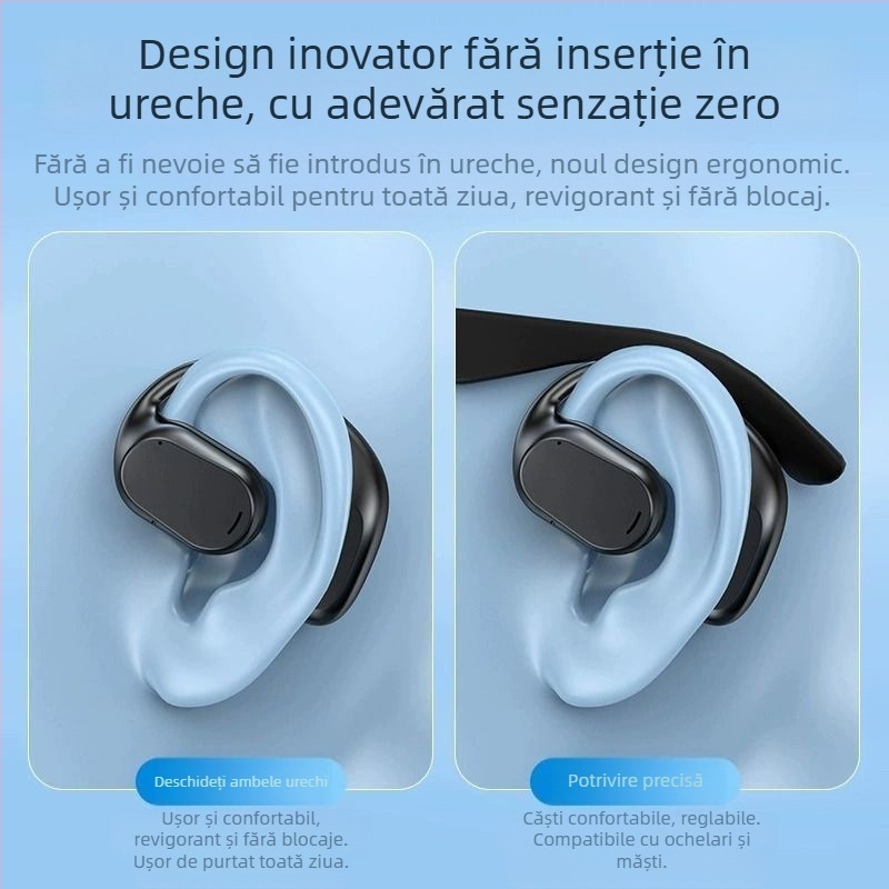 Căști wireless cu conductie osoasă – deschise pentru urechi, design atârnat, Bluetooth 5.3, rază 10 m, autonomie peste 8 ore