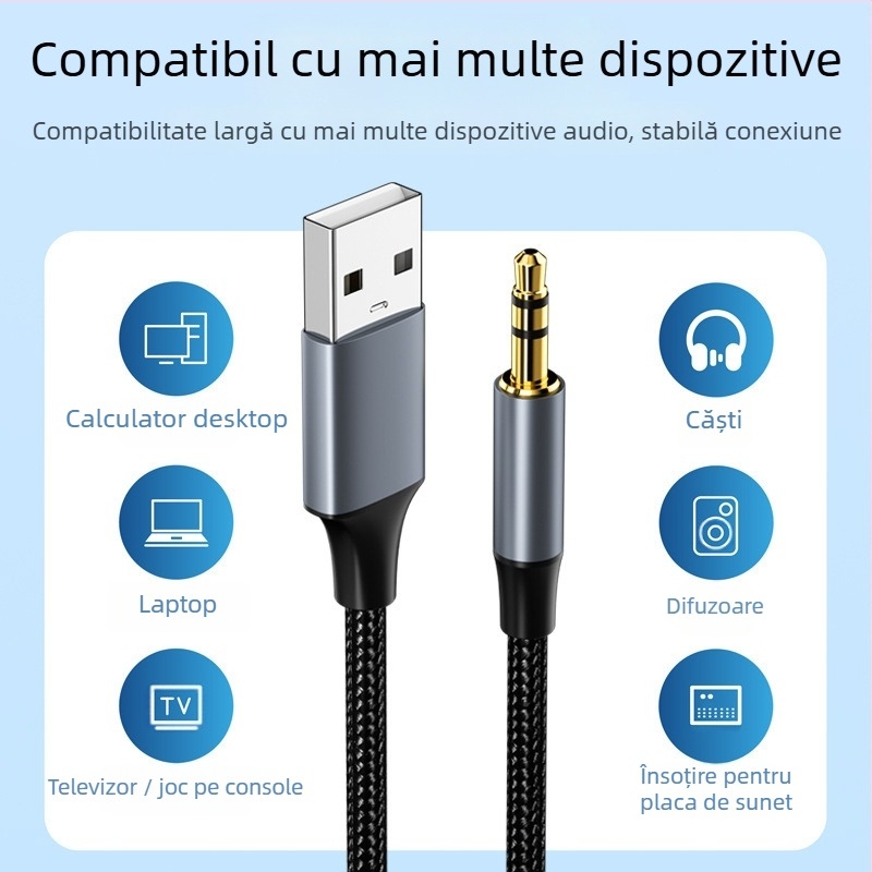 Cablul USB la 3,5 mm pentru PC – placare cu nichel, nucleu din nailon, conductoare din cupru, greutate 0,03 kg