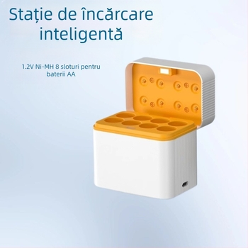 Încărcător inteligent cu capac basculant, 8 compartimente pentru baterii NiMH AA, port Type-C, ieșire 5V DC 2A