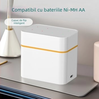 Încărcător inteligent cu capac basculant, 8 compartimente pentru baterii NiMH AA, port Type-C, ieșire 5V DC 2A