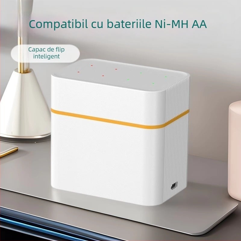 Încărcător inteligent cu capac basculant, 8 compartimente pentru baterii NiMH AA, port Type-C, ieșire 5V DC 2A