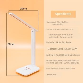 Lampă de birou LED pliabilă, reglare tactilă a intensității luminii, iluminare pentru protecția ochilor în timpul cititului și învățării, alimentare USB, moduri: noapte, învățare și ambient