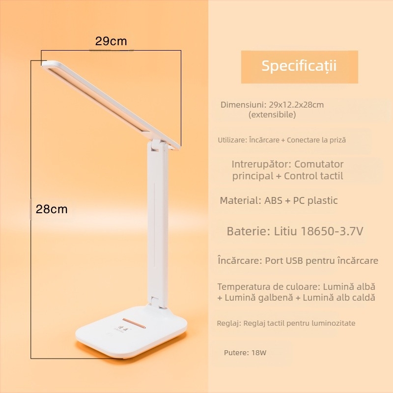 Lampă de birou LED pliabilă, reglare tactilă a intensității luminii, iluminare pentru protecția ochilor în timpul cititului și învățării, alimentare USB, moduri: noapte, învățare și ambient