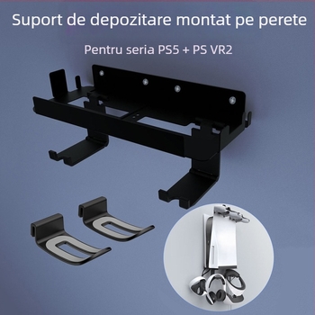 Suport de perete pentru PS5 cu raft pentru căști pentru PS5, PS5 Slim, PS5 Pro și PS5 VR2 | Metal + ABS, 445 g