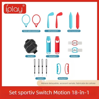 Set de accesorii sportive compatibil cu Nintendo Switch, 18 în 1, ABS, include mânere, rachete de tenis, sabii luminoase, rachete de golf, curele, brăţări și lanyards