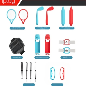 Set de accesorii sportive compatibil cu Nintendo Switch, 18 în 1, ABS, include mânere, rachete de tenis, sabii luminoase, rachete de golf, curele, brăţări și lanyards