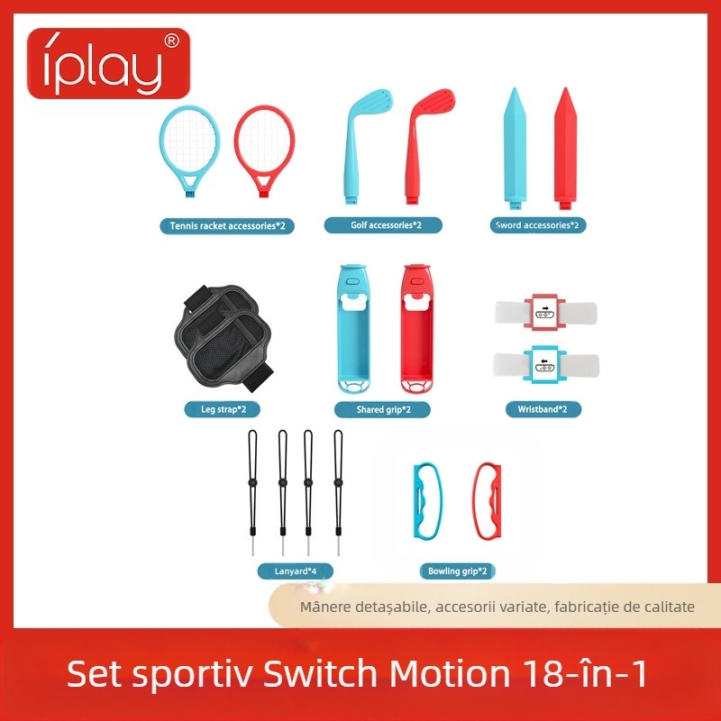 Set de accesorii sportive compatibil cu Nintendo Switch, 18 în 1, ABS, include mânere, rachete de tenis, sabii luminoase, rachete de golf, curele, brăţări și lanyards