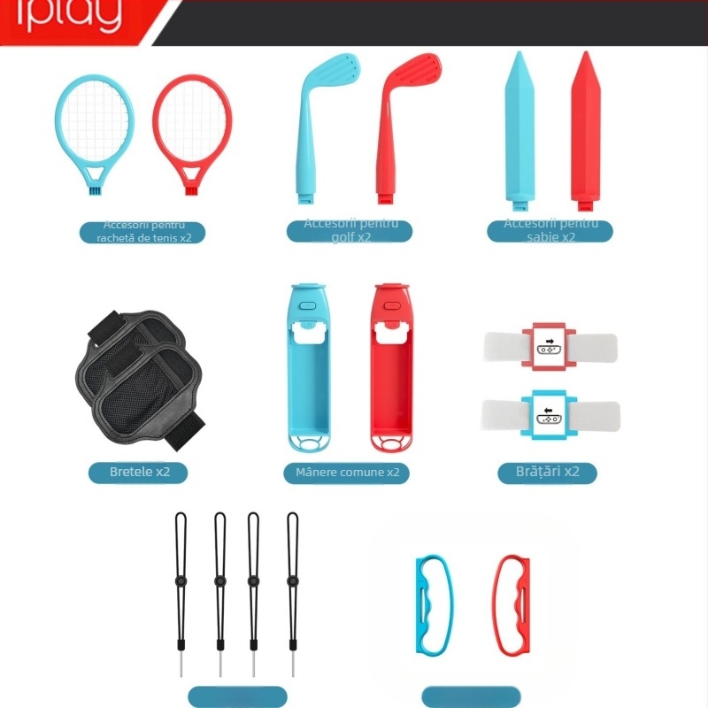 Set de accesorii sportive compatibil cu Nintendo Switch, 18 în 1, ABS, include mânere, rachete de tenis, sabii luminoase, rachete de golf, curele, brăţări și lanyards