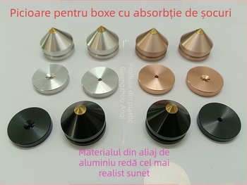 Picioare din aliaj de aluminiu pentru difuzoare și echipament audio, cu plăci amortizoare anti-vibrații (material: aliaj de aluminiu; aplicații: difuzoare, CD player, amplificator; funcție: amortizare)