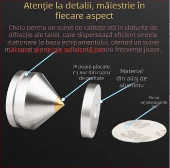 Picioare din aliaj de aluminiu pentru difuzoare și echipament audio, cu plăci amortizoare anti-vibrații (material: aliaj de aluminiu; aplicații: difuzoare, CD player, amplificator; funcție: amortizare)