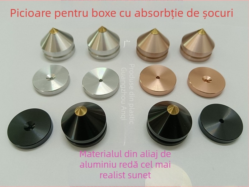 Picioare din aliaj de aluminiu pentru difuzoare și echipament audio, cu plăci amortizoare anti-vibrații (material: aliaj de aluminiu; aplicații: difuzoare, CD player, amplificator; funcție: amortizare)