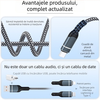 Cablu audio RCA 1 la 2 pentru dispozitive Apple și Huawei, conectori platiți cu aur, conductor din cupru pur, cupru fără oxigen, ROHS