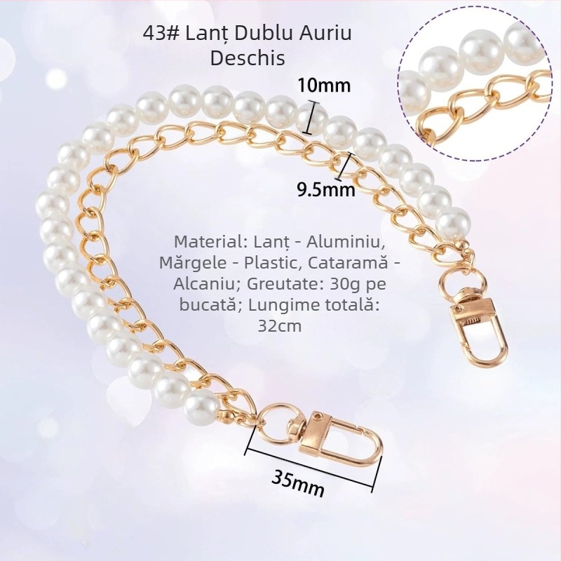 Bretea de geantă din metal, lanț dublu cu perle, stil proaspăt și dulce, culoare solidă, lansare primăvara 2024