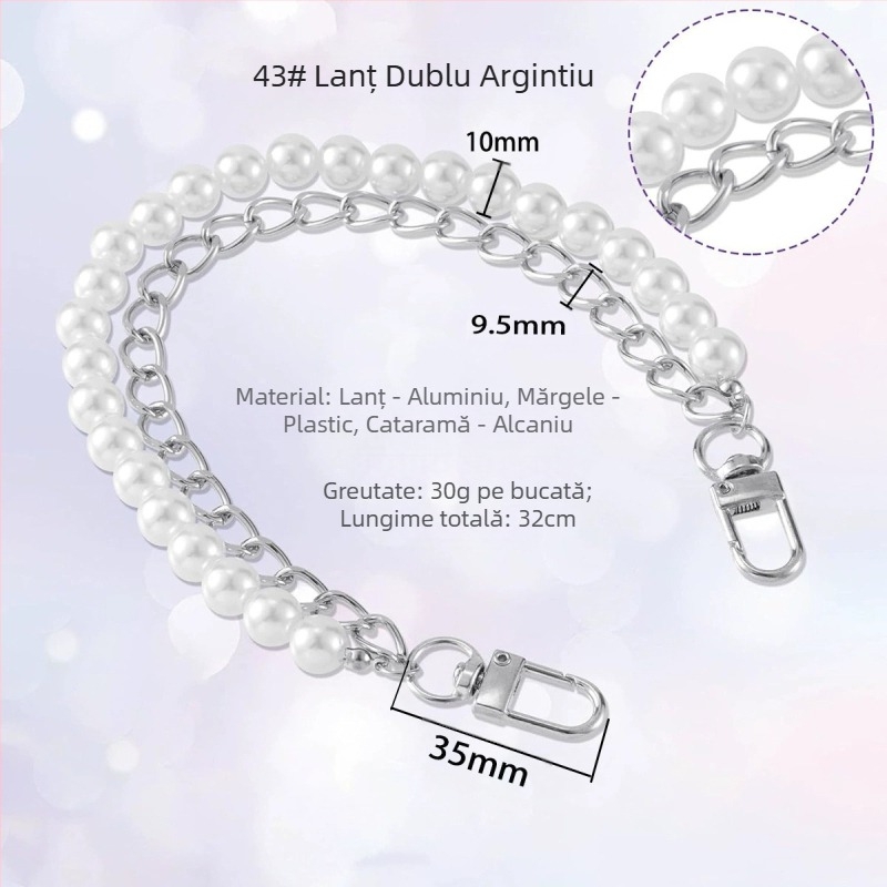 Bretea de geantă din metal, lanț dublu cu perle, stil proaspăt și dulce, culoare solidă, lansare primăvara 2024