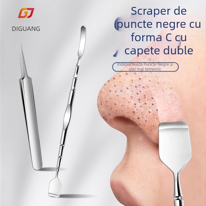 Instrument de curățare a punctelor negre — oțel inoxidabil; include spatulă pentru puncte negre și racletă; greutate 33 g; ambalaj 500 buc; marca Emperor light