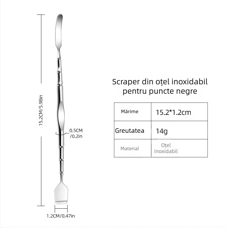 Instrument de curățare a punctelor negre — oțel inoxidabil; include spatulă pentru puncte negre și racletă; greutate 33 g; ambalaj 500 buc; marca Emperor light