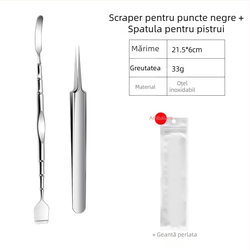 Instrument de curățare a punctelor negre — oțel inoxidabil; include spatulă pentru puncte negre și racletă; greutate 33 g; ambalaj 500 buc; marca Emperor light