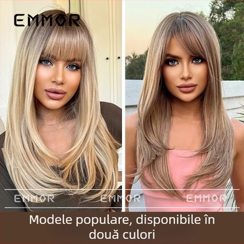 Perucă Emmor pentru femei, păr lung bucle cu breton, model lc9039, fibre rezistente la temperatură, poate fi vopsită