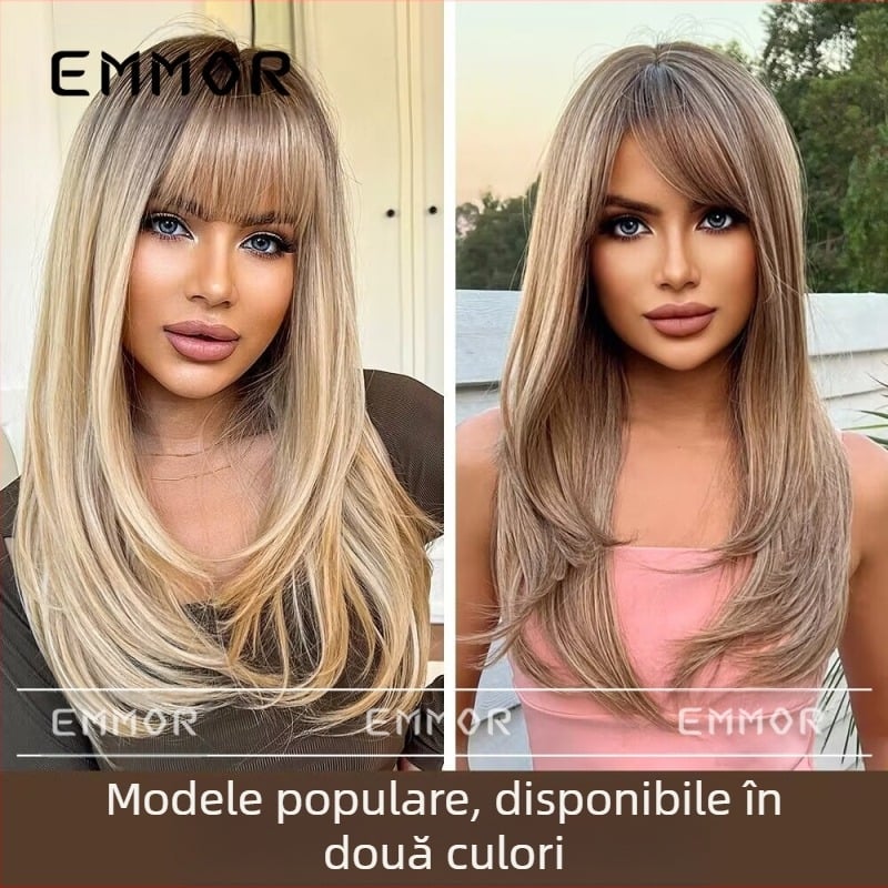 Perucă Emmor pentru femei, păr lung bucle cu breton, model lc9039, fibre rezistente la temperatură, poate fi vopsită