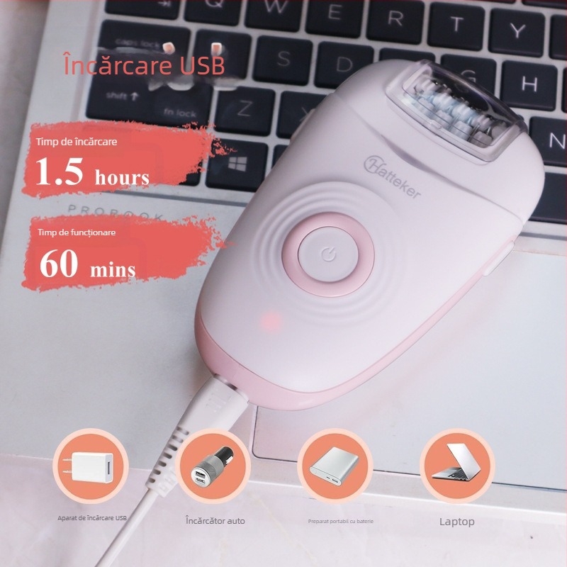 Epilator electric HT-6258 cu alimentare USB/ electrică, cap de tăiere din oțel inoxidabil, curățare a întregului corp
