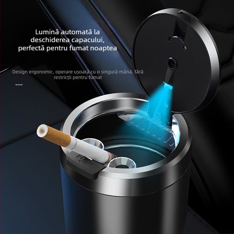 Scrumieră de mașină cu iluminare, deschidere prin atingere, portabilă, model universal; material: plastic; proces de fabricație: turnare prin injecție; greutate: 0.2