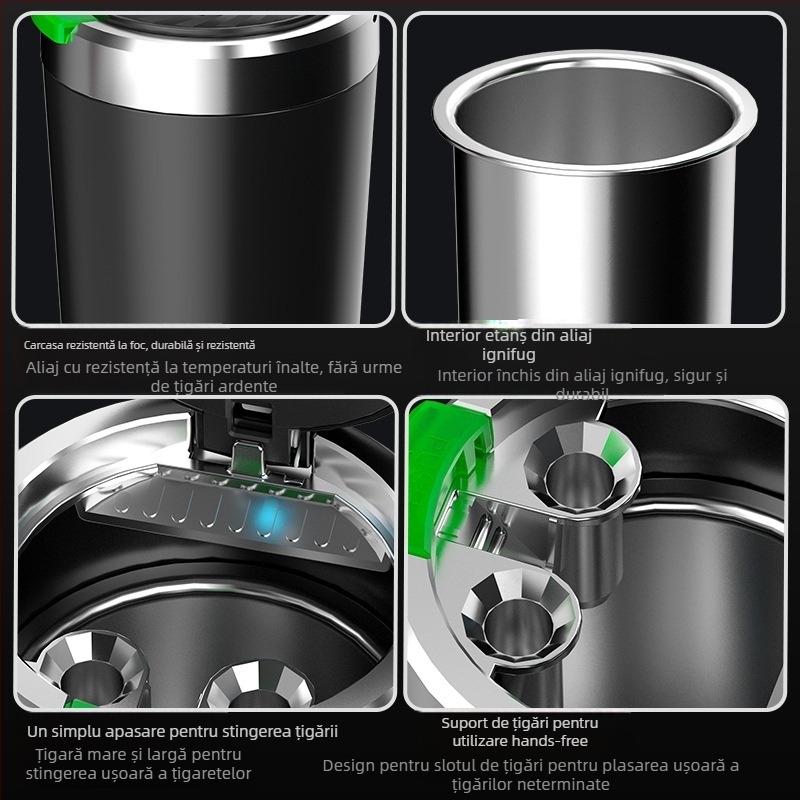 Scrumieră de mașină cu iluminare, deschidere prin atingere, portabilă, model universal; material: plastic; proces de fabricație: turnare prin injecție; greutate: 0.2