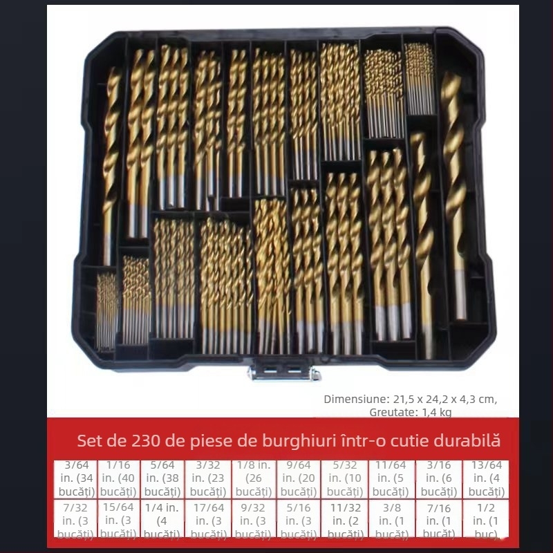 Set de 230 burghie cu acoperire titan, cu ax drept, pentru prelucrarea lemnului, în cutie din plastic