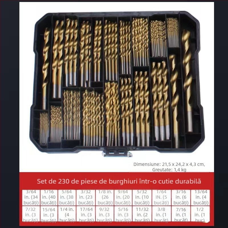 Set de 230 burghie cu acoperire titan, cu ax drept, pentru prelucrarea lemnului, în cutie din plastic