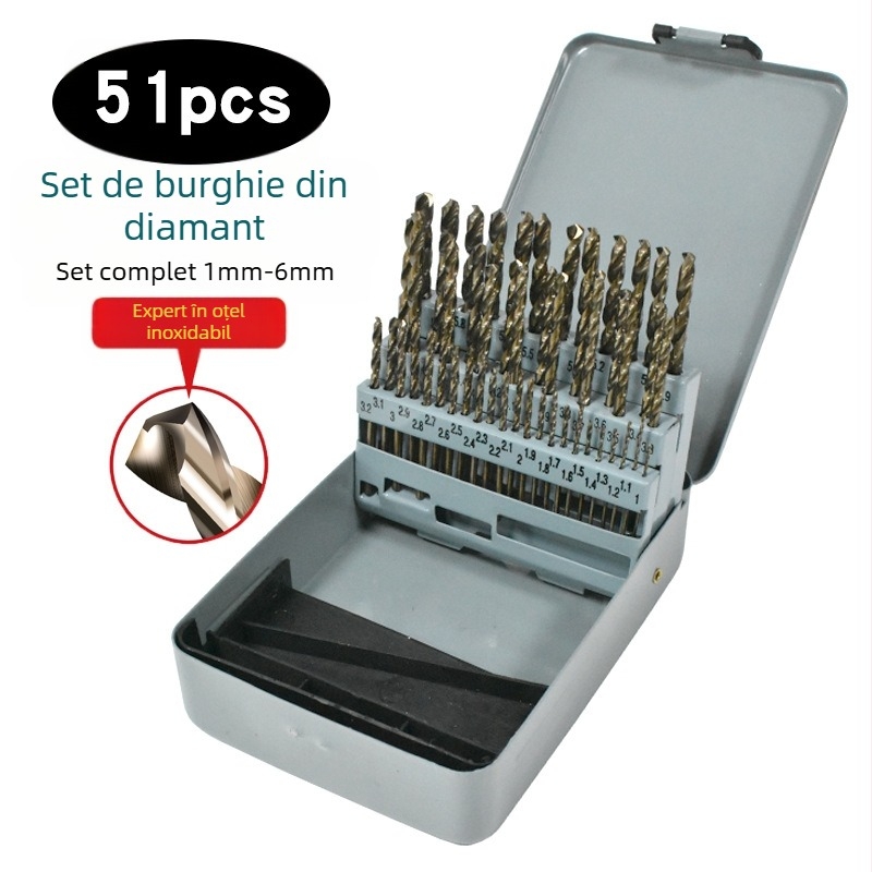 Set de 51 burghie cu cobalt pentru bormașină de mână, oțel de înaltă viteză