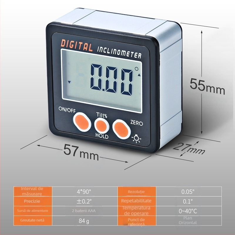 Inclinometru digital mini cu bază magnetică, interval 4×90°, precizie înaltă