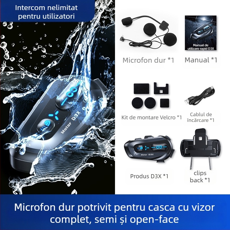 Set de headset Bluetooth pentru cască cu intercom, stereo, rezistent la apă • Bluetooth 5.3 • Distanță până la 15 m • 8+ ore baterie