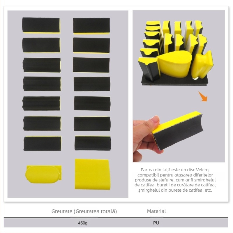 Disc de șlefuit manual cu Velcro, set de 16 bucăți, forme mixte, burete PU, abraziv șmirghel