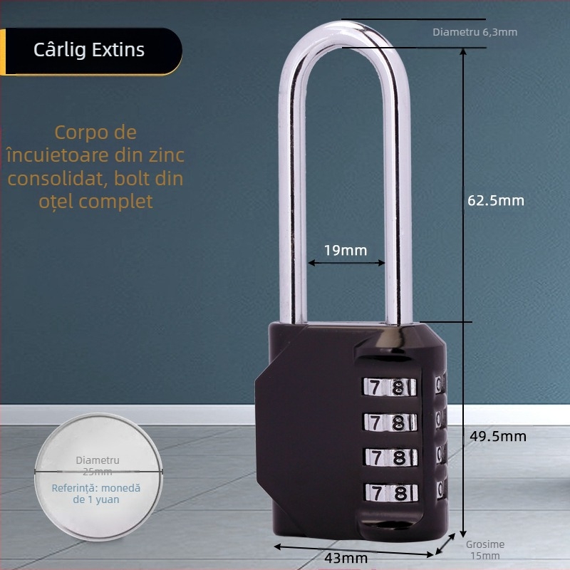 Lacăt mecanic cu combinație de 4 cifre NF-22, tijă lungă, pentru dulapuri de vestiar și uși – aliaj de zinc
