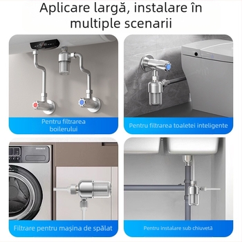 Prefiltru pentru încălzitor de apă – uz casnic; filtru din oțel inoxidabil; filtrare în 2 etape; element filtrant înlocuibil; debit zilnic 3000 L; interval de temperatură 1–65°C