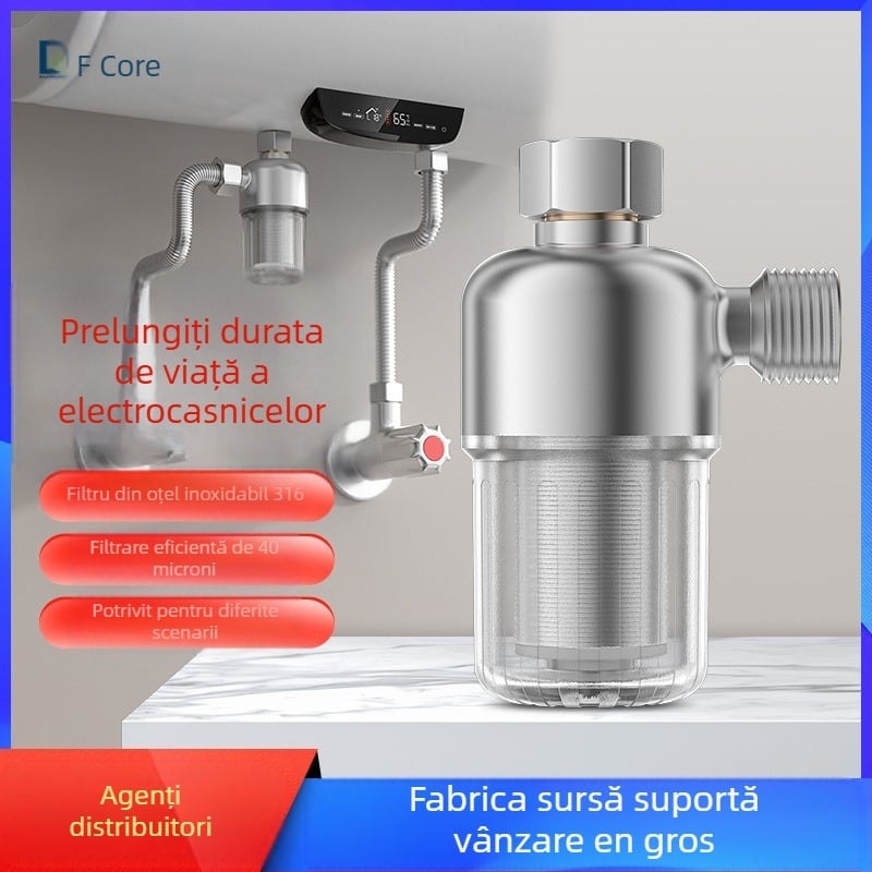 Prefiltru pentru încălzitor de apă – uz casnic; filtru din oțel inoxidabil; filtrare în 2 etape; element filtrant înlocuibil; debit zilnic 3000 L; interval de temperatură 1–65°C