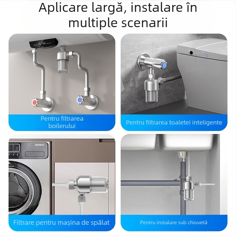 Prefiltru pentru încălzitor de apă – uz casnic; filtru din oțel inoxidabil; filtrare în 2 etape; element filtrant înlocuibil; debit zilnic 3000 L; interval de temperatură 1–65°C