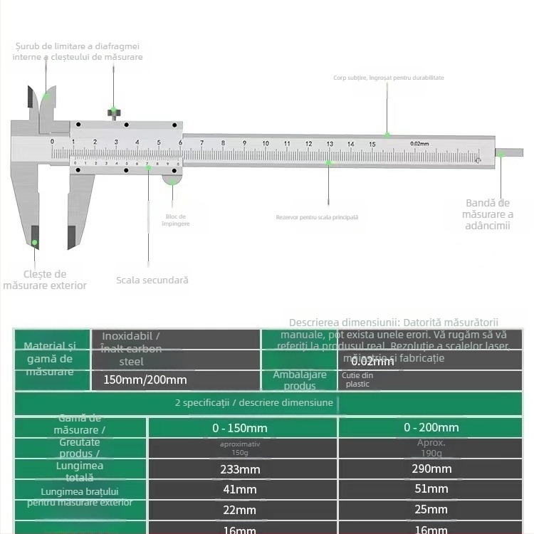 Caliper digital din oțel inoxidabil, 0-150 mm, măsurare înălțime și adâncime, calitate industrială